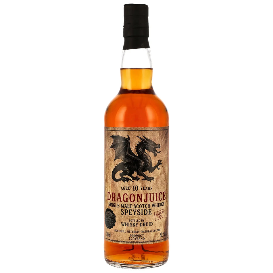 Vorderseite der Whiskyflasche Dragonjuice Speyside 10 Jahre Batch 2