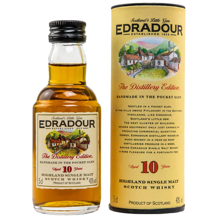 Vorderseite Edradour 10 Jahre Miniatur Whiskyflasche und Verpackung 