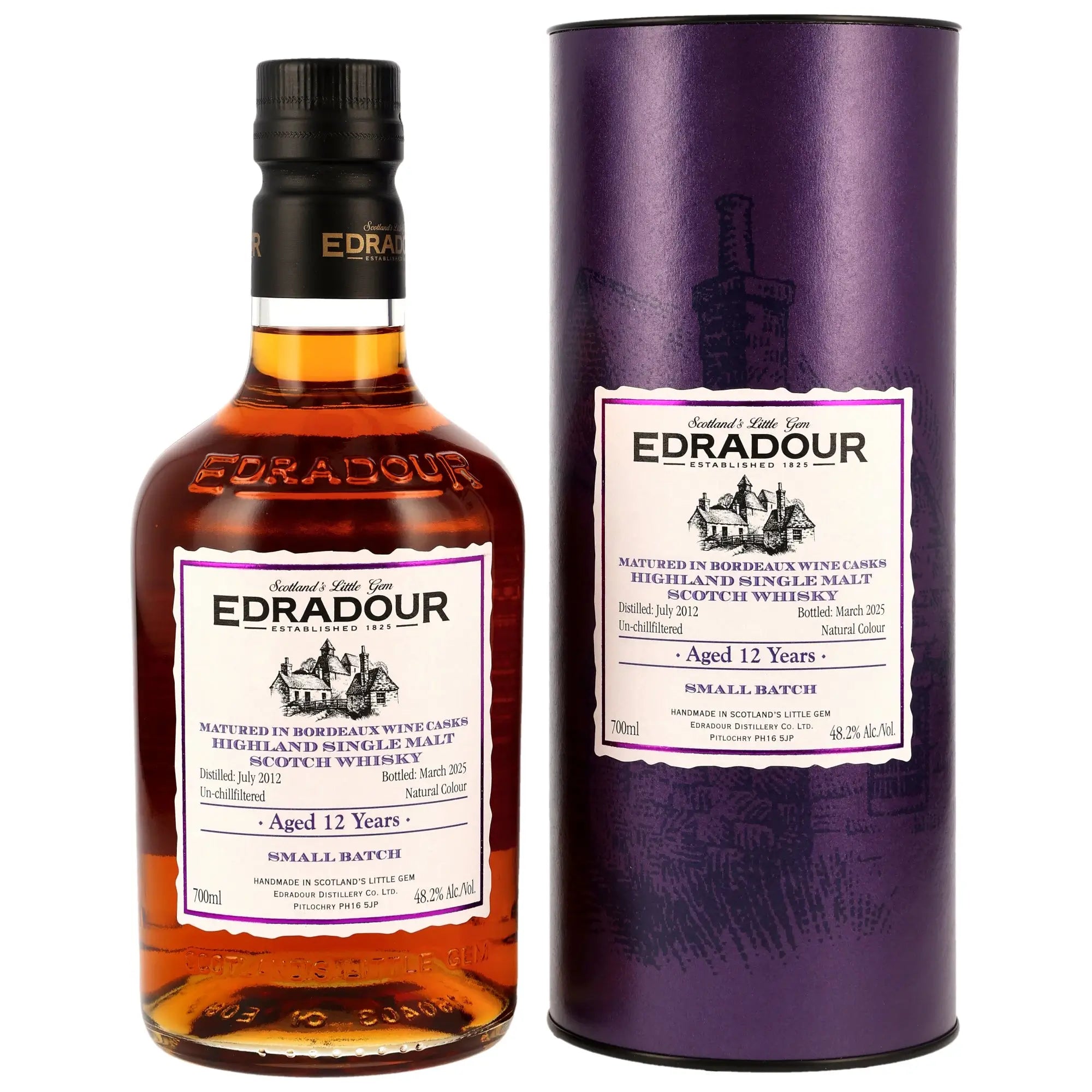 Edradour Single Malt Whisky 12 Jahre gereift in Bordeaux Weinfässern mit Verpackung