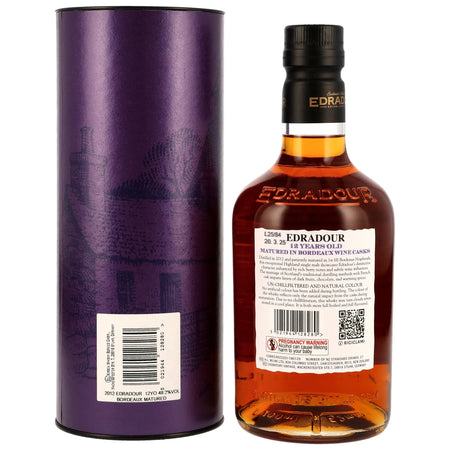 Edradour Single Malt Whisky 12 Jahre gereift in Bordeaux-Weinfässern mit Flasche und violetter Geschenkverpackung