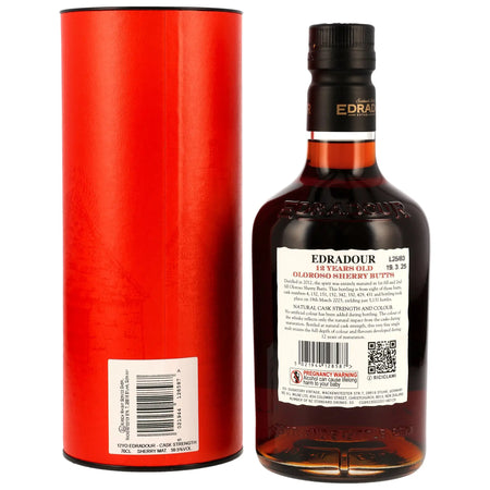 Edradour Single Malt Whisky Flasche Rückseite mit roter Geschenkverpackung neben der Flasche