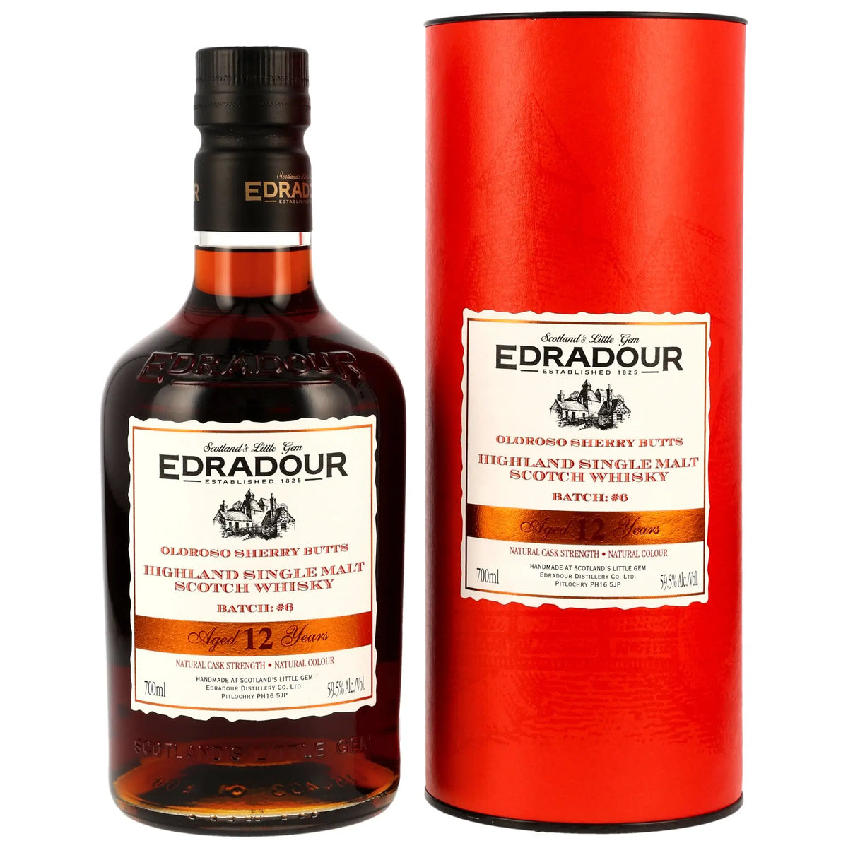 Edradour Highland Single Malt Scotch Whisky 12 Jahre gereift mit Sherry-Note und roter Verpackung