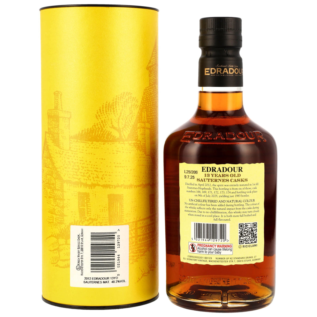 Rückseite der Whiskyflasche und Verpackung vom Edradour Sauternes Casks 13 Jahre 2012/2025