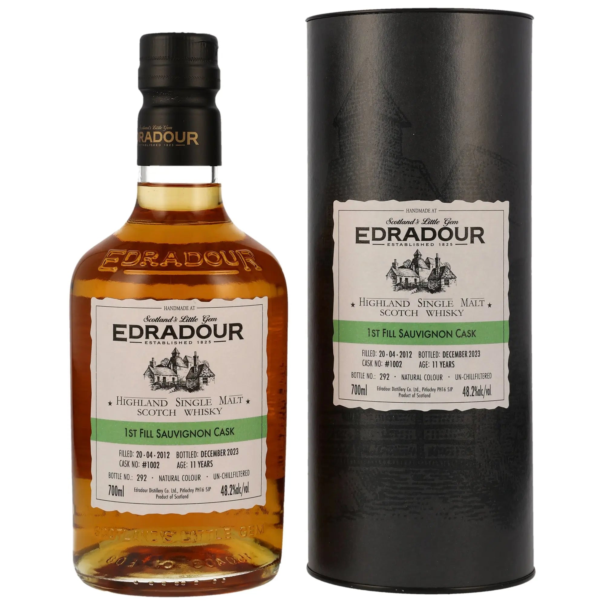 Vorderseite des Single Malt Whiskys Edradour Sauvignon Cask 11 Jahre 2012/2023 mit dazugehöriger Verpackung