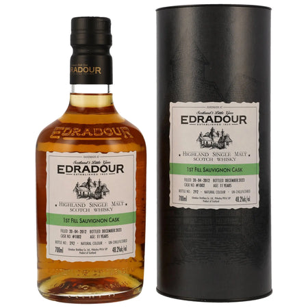 Vorderseite des Single Malt Whiskys Edradour Sauvignon Cask 11 Jahre 2012/2023 mit dazugehöriger Verpackung