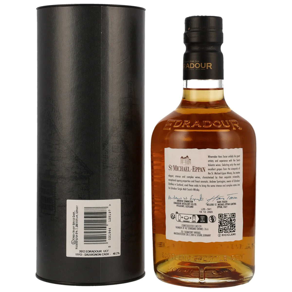 Rückseite des Single Malt Whiskys Edradour Sauvignon Cask 11 Jahre 2012/2023 mit dazugehöriger Verpackung