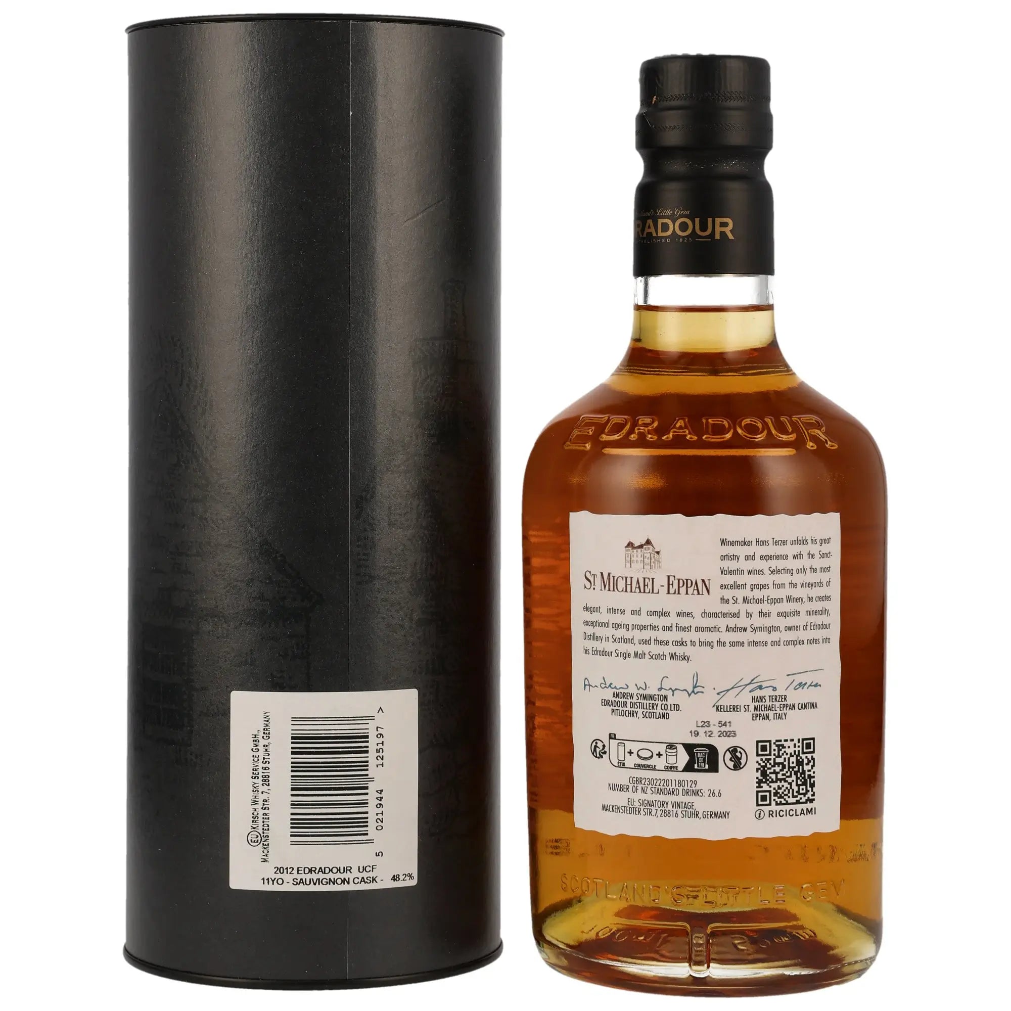 Rückseite des Single Malt Whiskys Edradour Sauvignon Cask 11 Jahre 2012/2023 mit dazugehöriger Verpackung