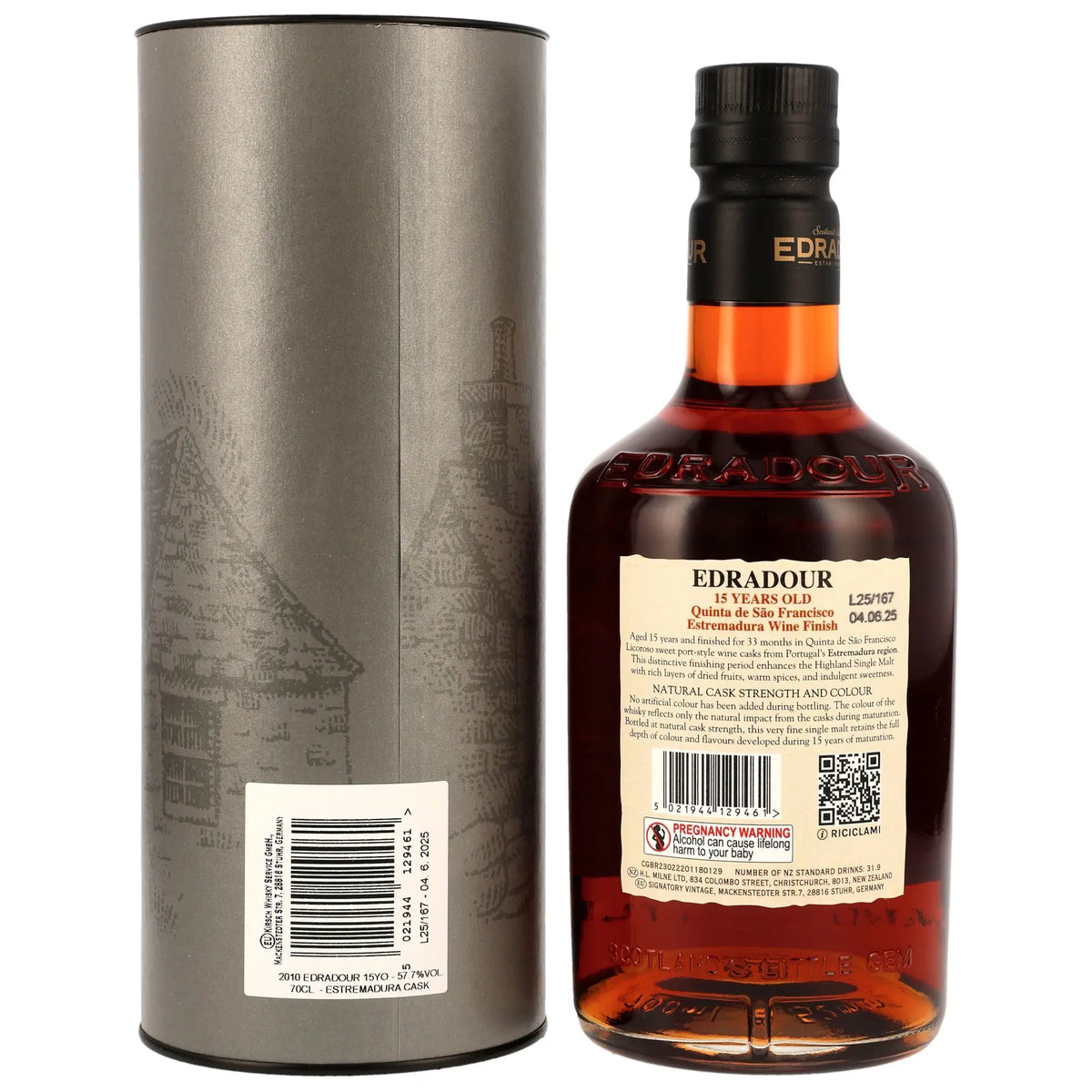 Rückseite der Whiskyflasche und Verpackung von Edradour Estremadura 15 Jahre 2010/2025