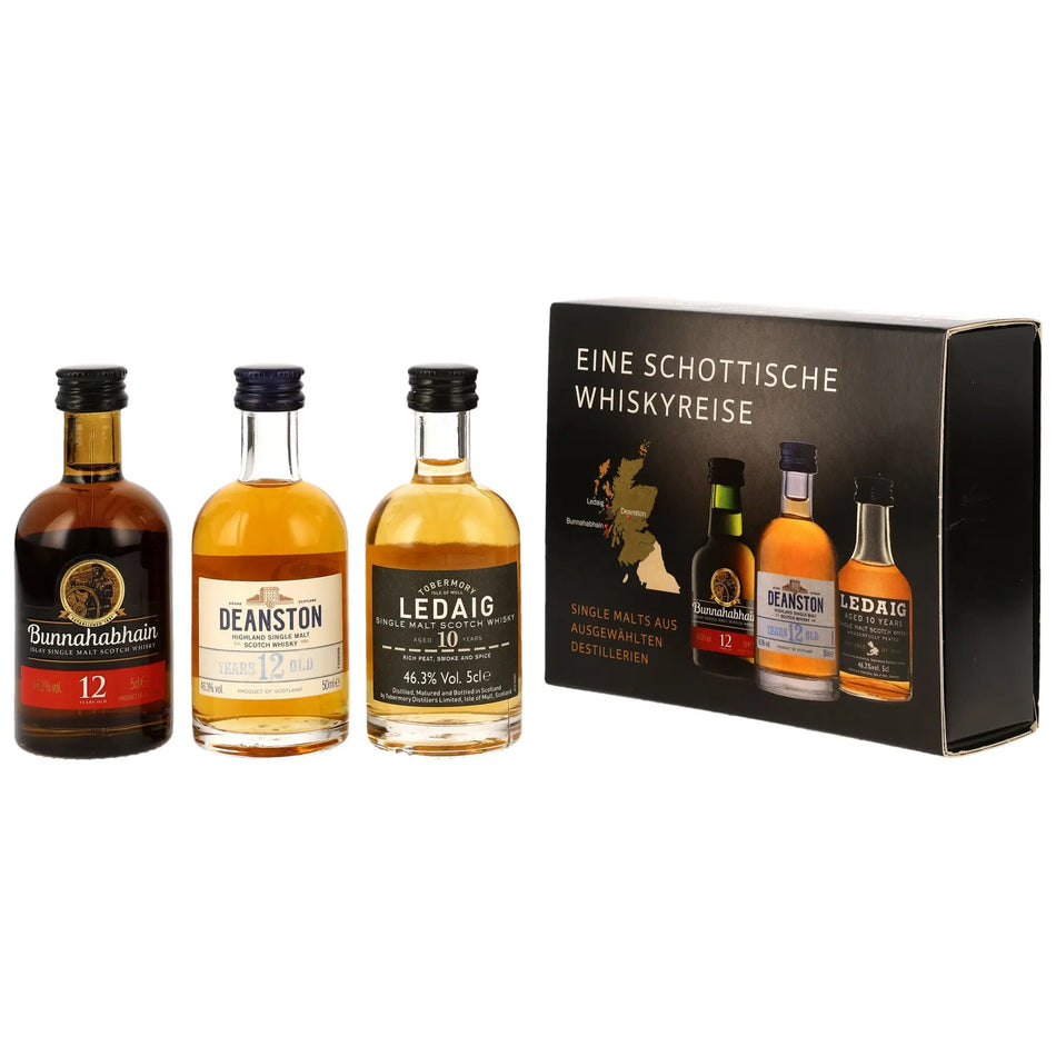 Eine schottische Whiskyreise Miniatursortiment mit den Single Mal Whiskys Bunnahabhain 12 Jahre, Deanston 12 Jahre und Ledaig 10 Jahre
