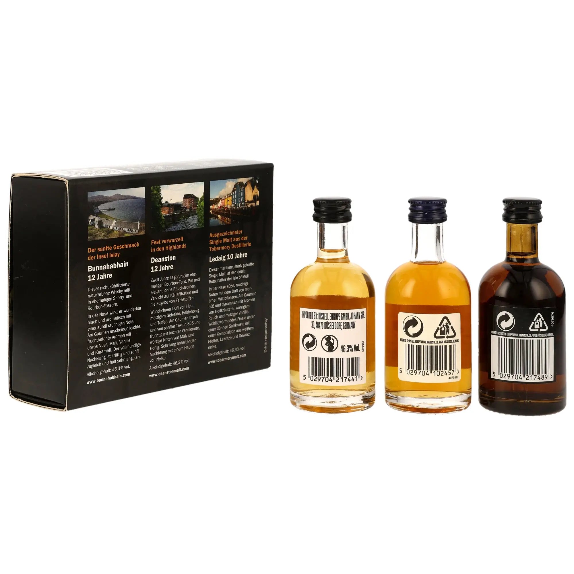 Eine schottische Whiskyreise Miniatursortiment mit den Single Mal Whiskys Bunnahabhain 12 Jahre, Deanston 12 Jahre und Ledaig 10 Jahre