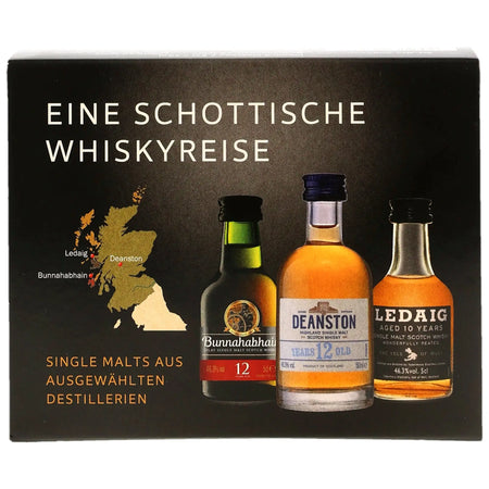 Eine schottische Whiskyreise Miniatursortiment mit den Single Mal Whiskys Bunnahabhain 12 Jahre, Deanston 12 Jahre und Ledaig 10 Jahre