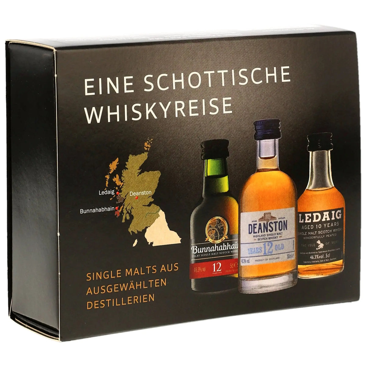 Eine schottische Whiskyreise Miniatursortiment mit den Single Mal Whiskys Bunnahabhain 12 Jahre, Deanston 12 Jahre und Ledaig 10 Jahre
