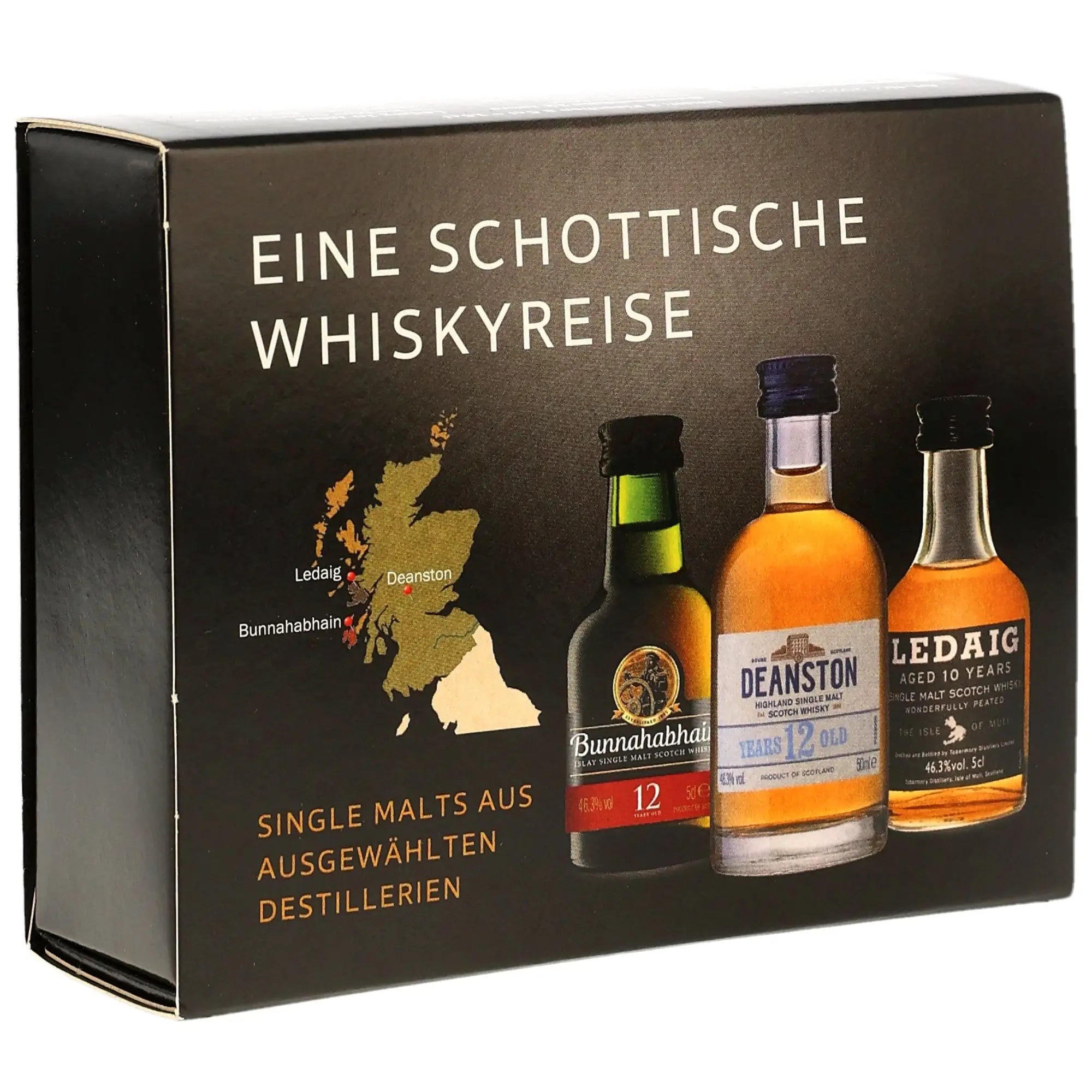 Eine schottische Whiskyreise Miniatursortiment mit den Single Mal Whiskys Bunnahabhain 12 Jahre, Deanston 12 Jahre und Ledaig 10 Jahre
