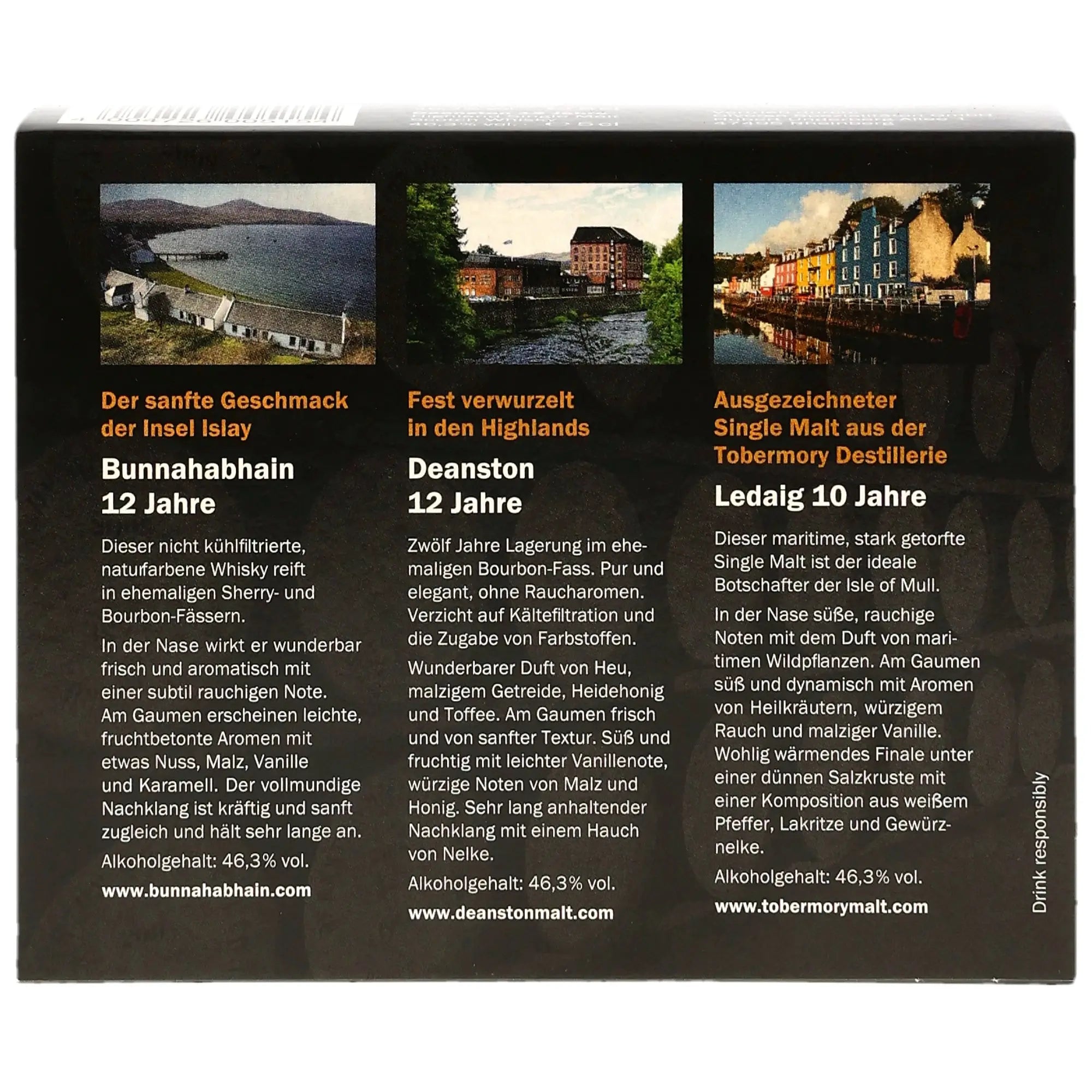 Eine schottische Whiskyreise Miniatursortiment mit den Single Mal Whiskys Bunnahabhain 12 Jahre, Deanston 12 Jahre und Ledaig 10 Jahre