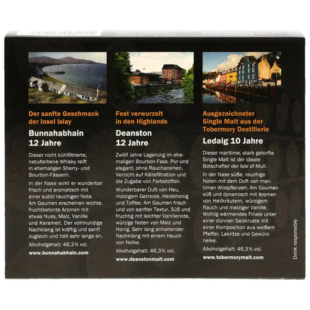 Eine schottische Whiskyreise Miniatursortiment mit den Single Mal Whiskys Bunnahabhain 12 Jahre, Deanston 12 Jahre und Ledaig 10 Jahre