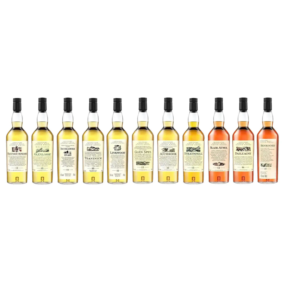 Alle 11 Single Malt Scotch Whiskys der Flora und Fauna Serie in einer Reihe