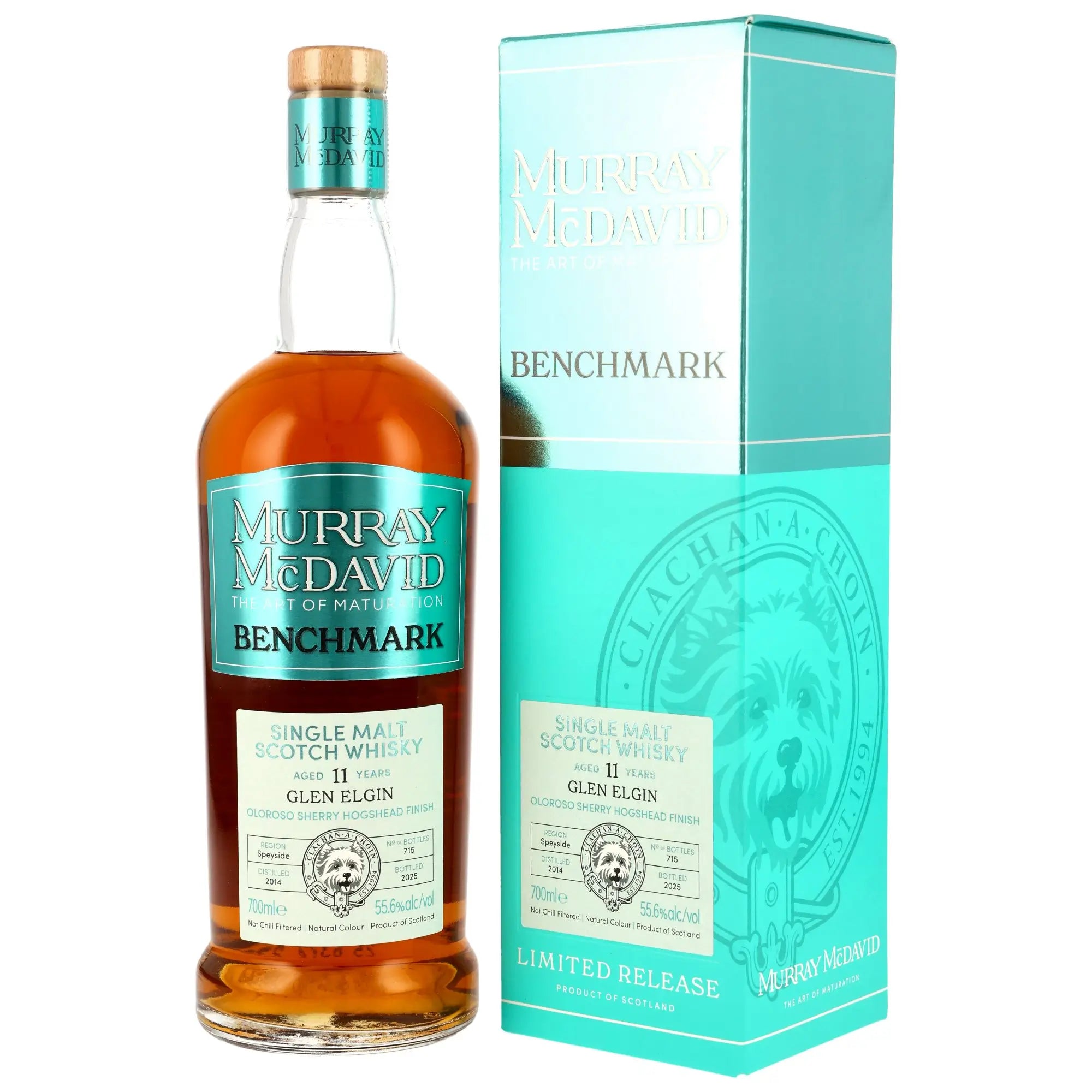Vorderseite der Whiskyflasche und Verpackung Glen Elgin Benchmark 11 Jahre 2014/2025