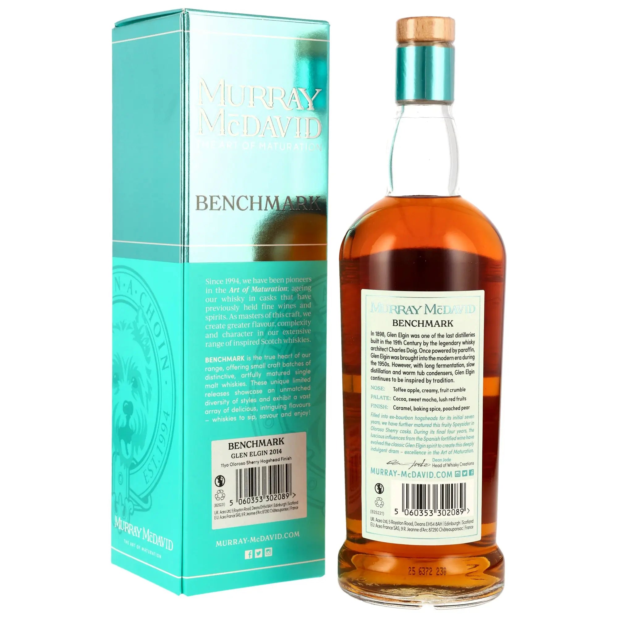 Rückseite der Whiskyflasche und Verpackung Glen Elgin Benchmark 11 Jahre 2014/2025