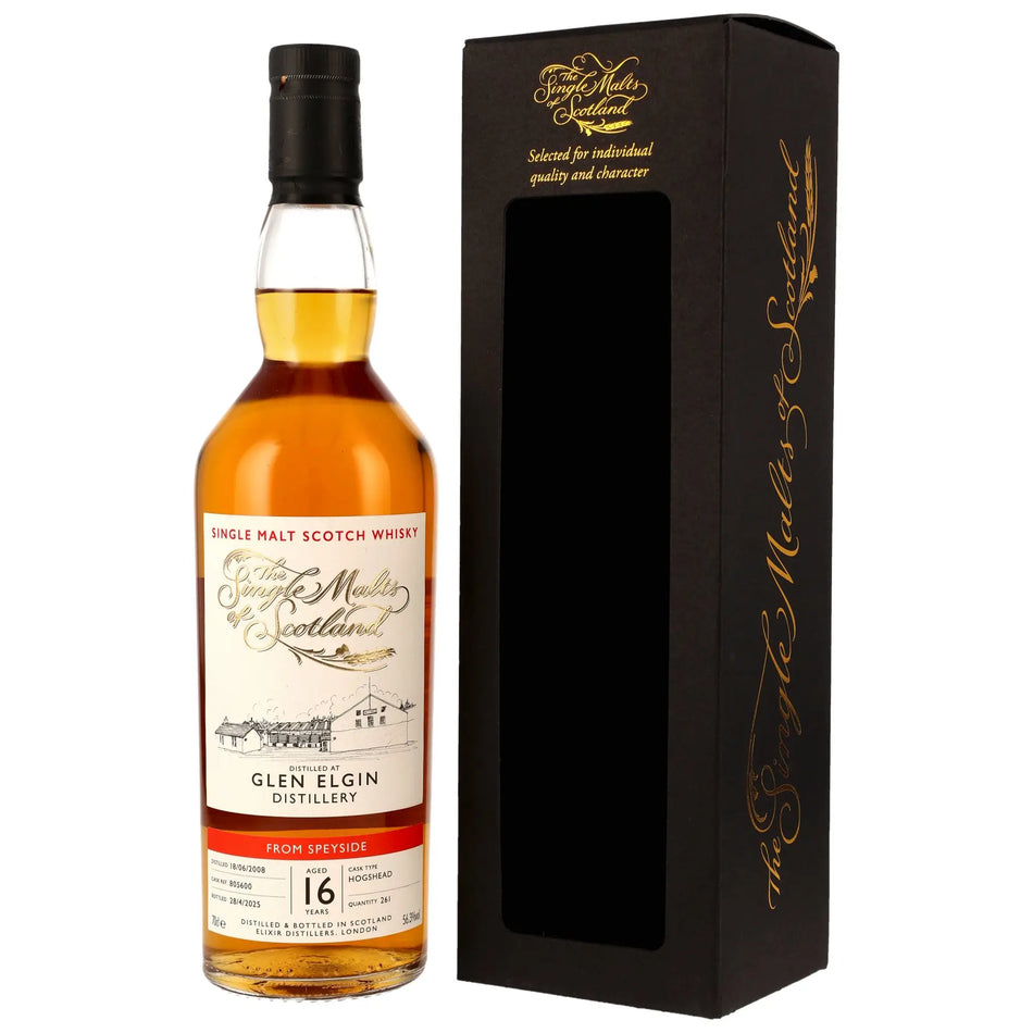Vorderseite der Flasche und Verpackung vom Glen Elgin The Single Malts of Scotland 16 Jahre 2008/2025 Single Malt Whisky