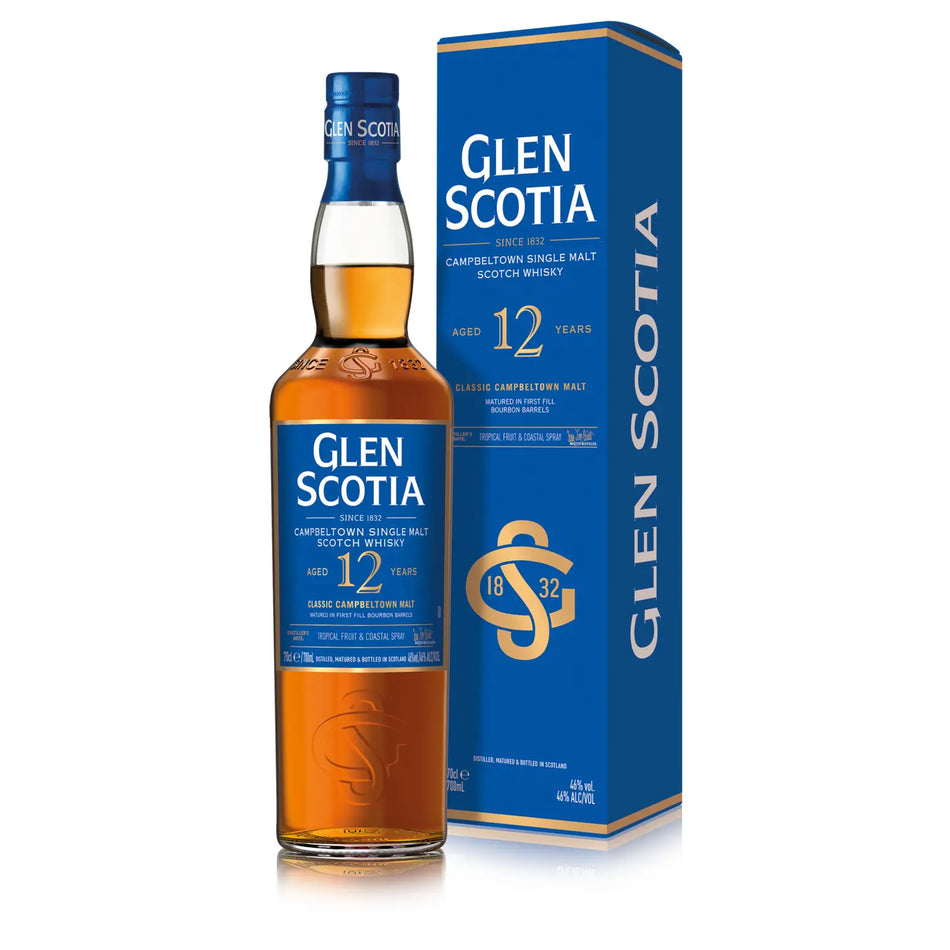Vorderseite der Flasche und Verpackung vom Single Malt Whisky Glen Scotia 12 Jahre