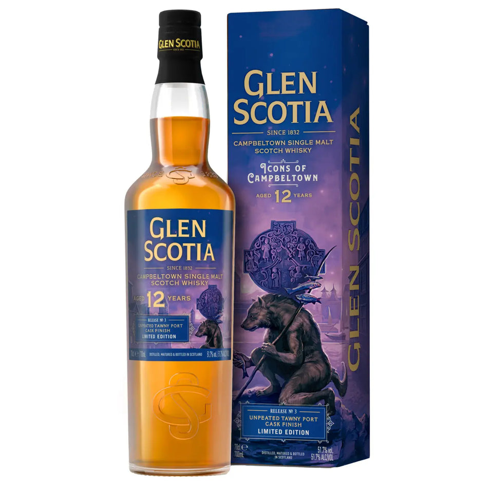 Vorderseite der Flasche und Verpackung vom Single Malt Whisky Glen Scotia Icons of Campbeltown No.3 12 Jahre