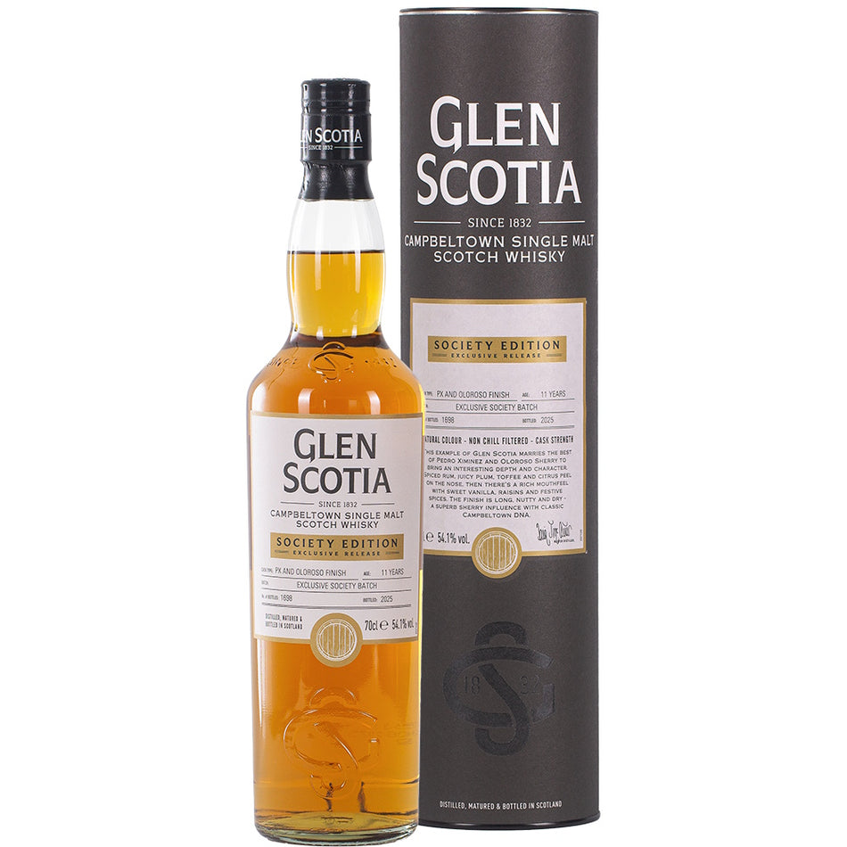 Vorderseite der Whiskyflasche und Verpackung vom Glen Scotia Society Edition 11 Jahre Campbeltown Single Malt Scotch Whisky