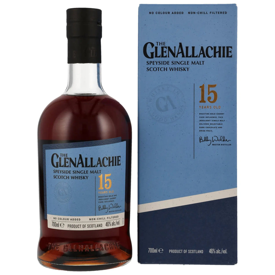 Vorderseite der Flasche und Verpackung vom GlenAllachie 15 Jahre Speyside Single Malt Whisky