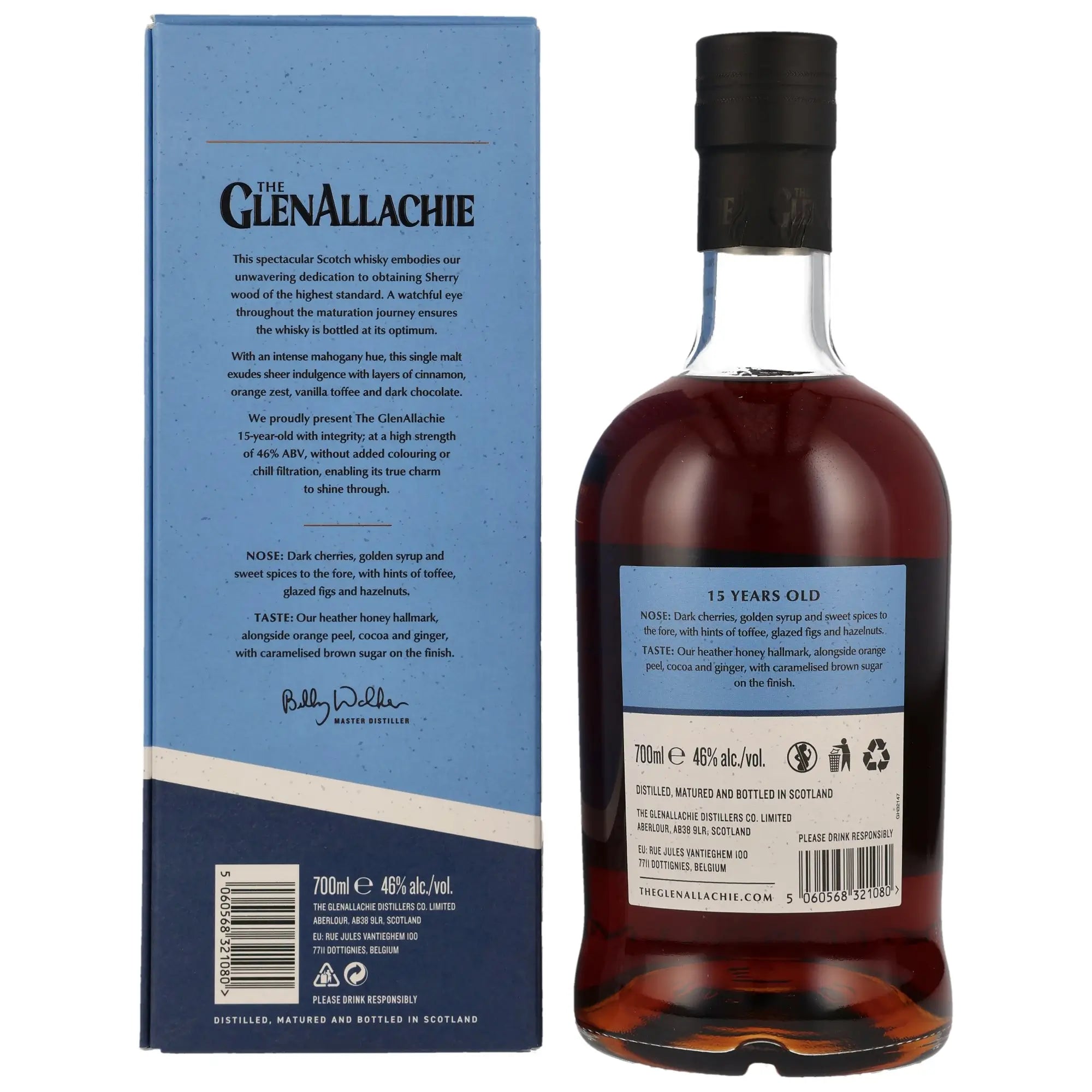 Rückseite der Flasche und Verpackung vom GlenAllachie 15 Jahre Speyside Single Malt Whisky