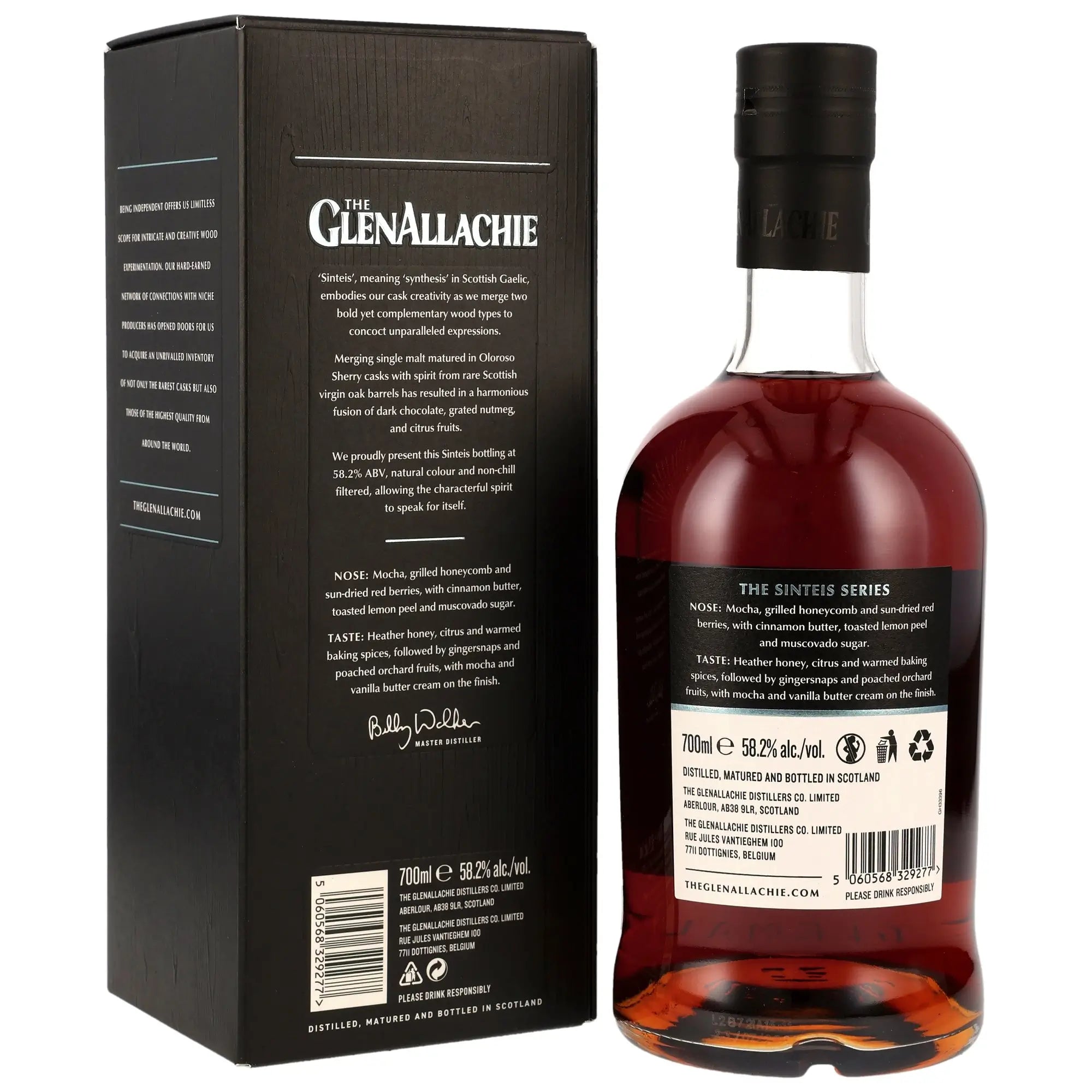 Rückseite der Flasche und Verpackung vom GlenAllachie Sinteis Part II Single Malt Whisky