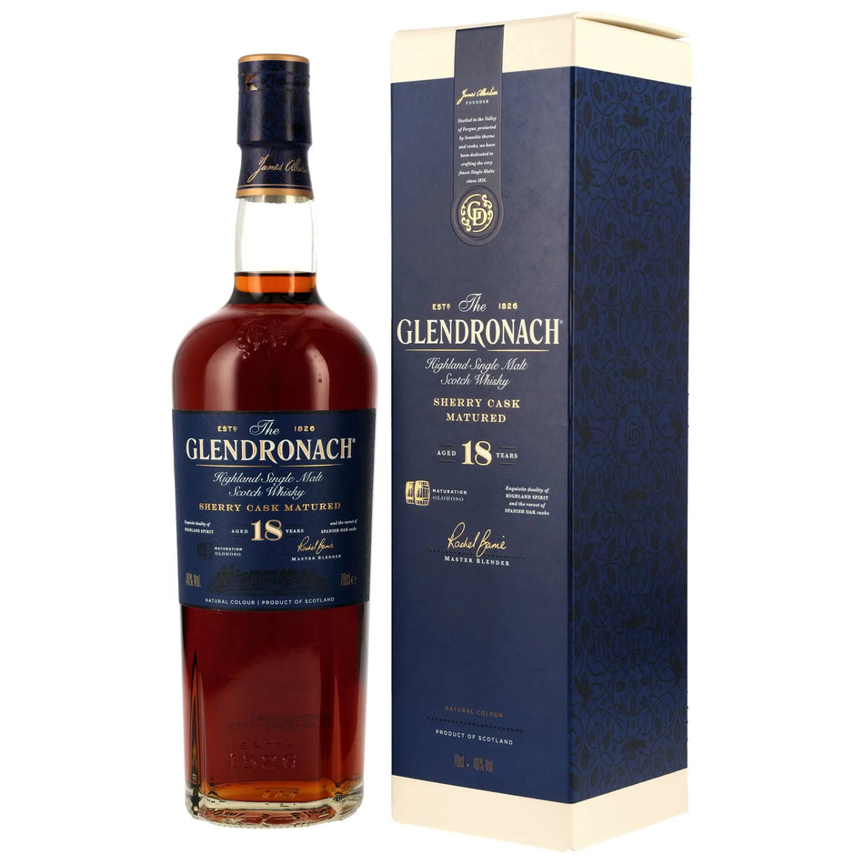 Vorderseite der Flasche und Verpackung vom Glendronach Sherry Cask Matured 18 Jahre Highland Single Malt Scotch Whisky