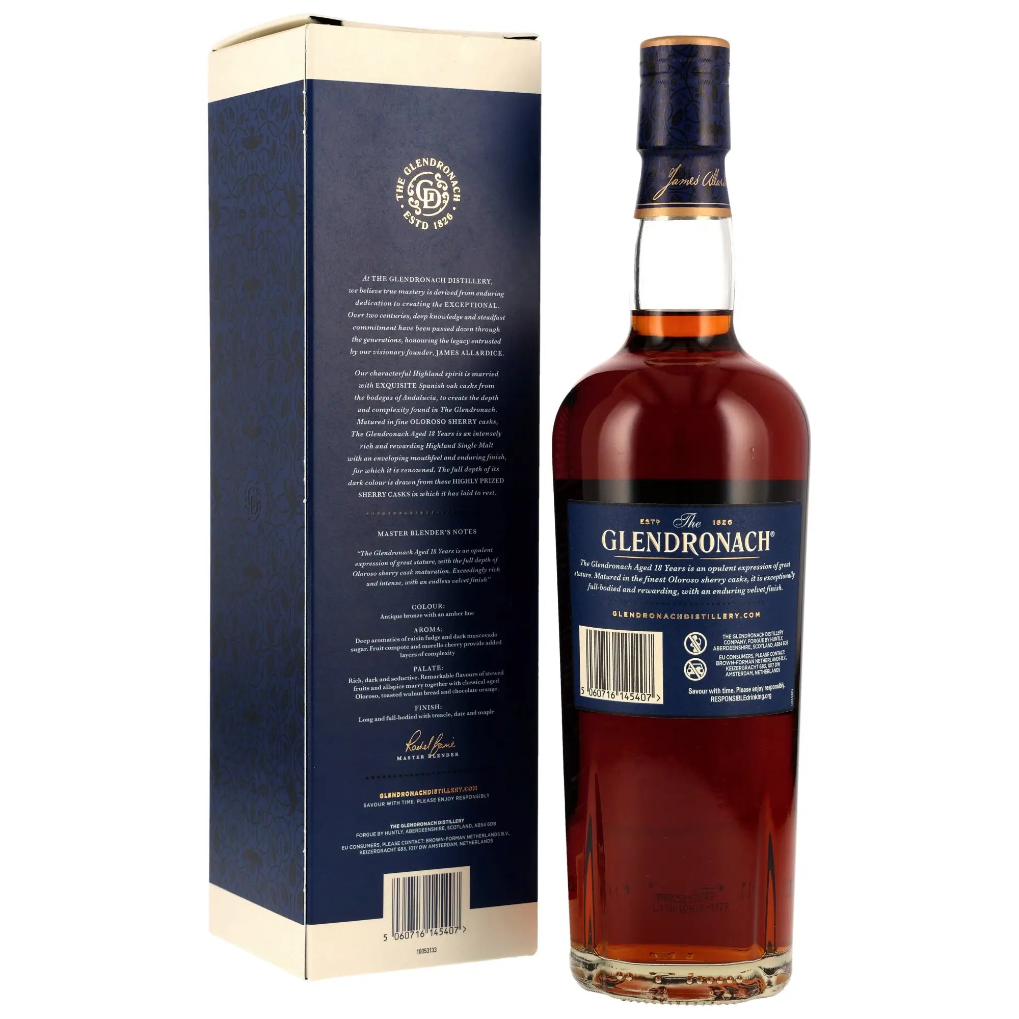 Rückseite der Flasche und Verpackung vom Glendronach Sherry Cask Matured 18 Jahre Highland Single Malt Scotch Whisky