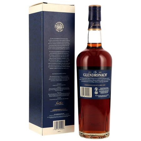 Rückseite der Flasche und Verpackung vom Glendronach Sherry Cask Matured 18 Jahre Highland Single Malt Scotch Whisky