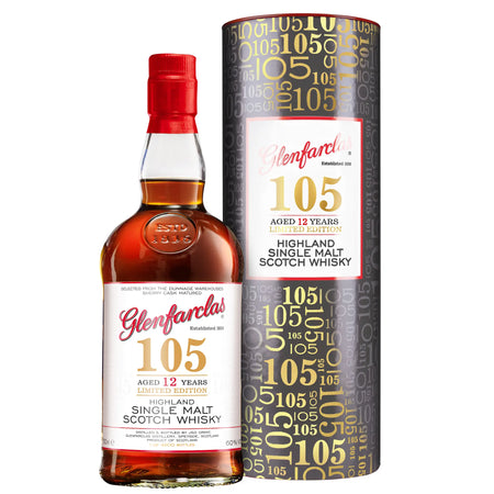 Vorderseite der Whiskyflasche und Verpackung vom Glenfarclas 105 12 Jahre