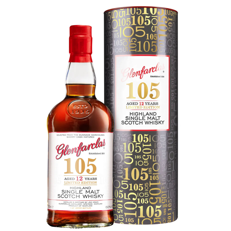 Vorderseite der Whiskyflasche und Verpackung vom Glenfarclas 105 12 Jahre