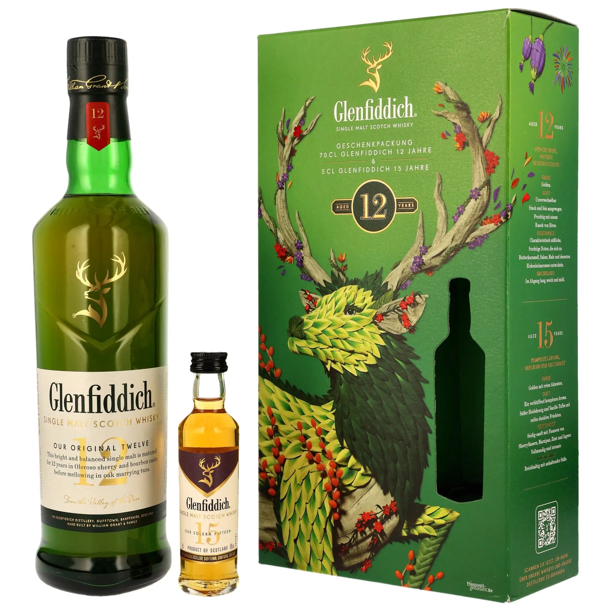 Glenfiddich 12 Jahre Geschenkset mit Glenfiddich 15 Jahre Miniatur Speyside Single Malt Scotch Whisky