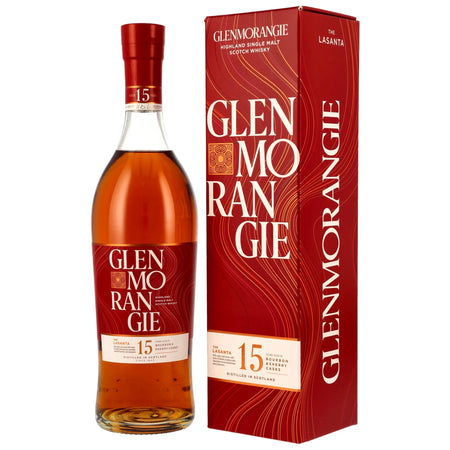 Vorderseite und Verpackung der Whiskyflasche Glenmorangie The Lasanta 15 Jahre Highland Single Malt Whisky