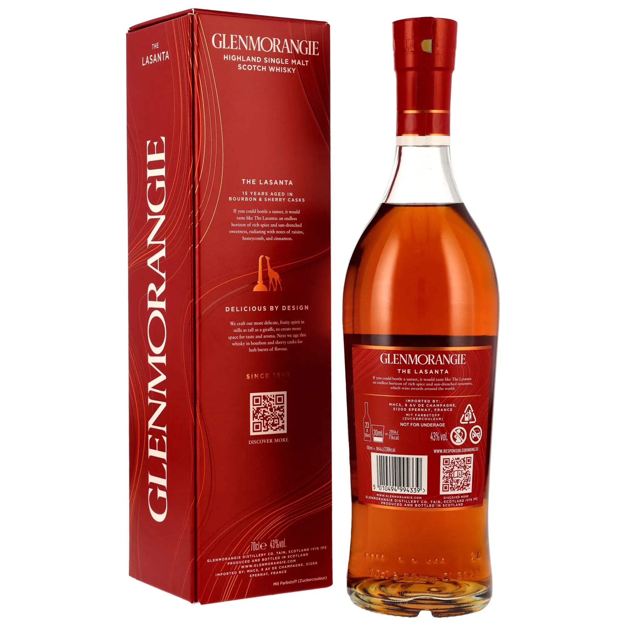 Rückseite und Verpackung der Whiskyflasche Glenmorangie The Lasanta 15 Jahre Highland Single Malt Whisky