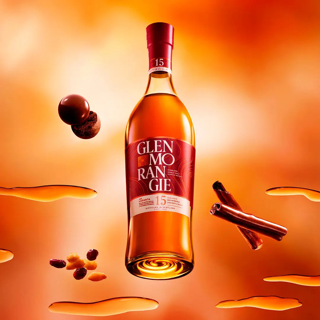 Glenmorangie The Lasanta 15 Jahre Highland Single Malt Whiskyflasche mit Zimt, Sherry und Rosinen