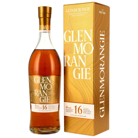 Vorderseite der Whiskyflasche und Verpackung von Glenmorangie The Nectar 16 Jahre Single Malt Whisky