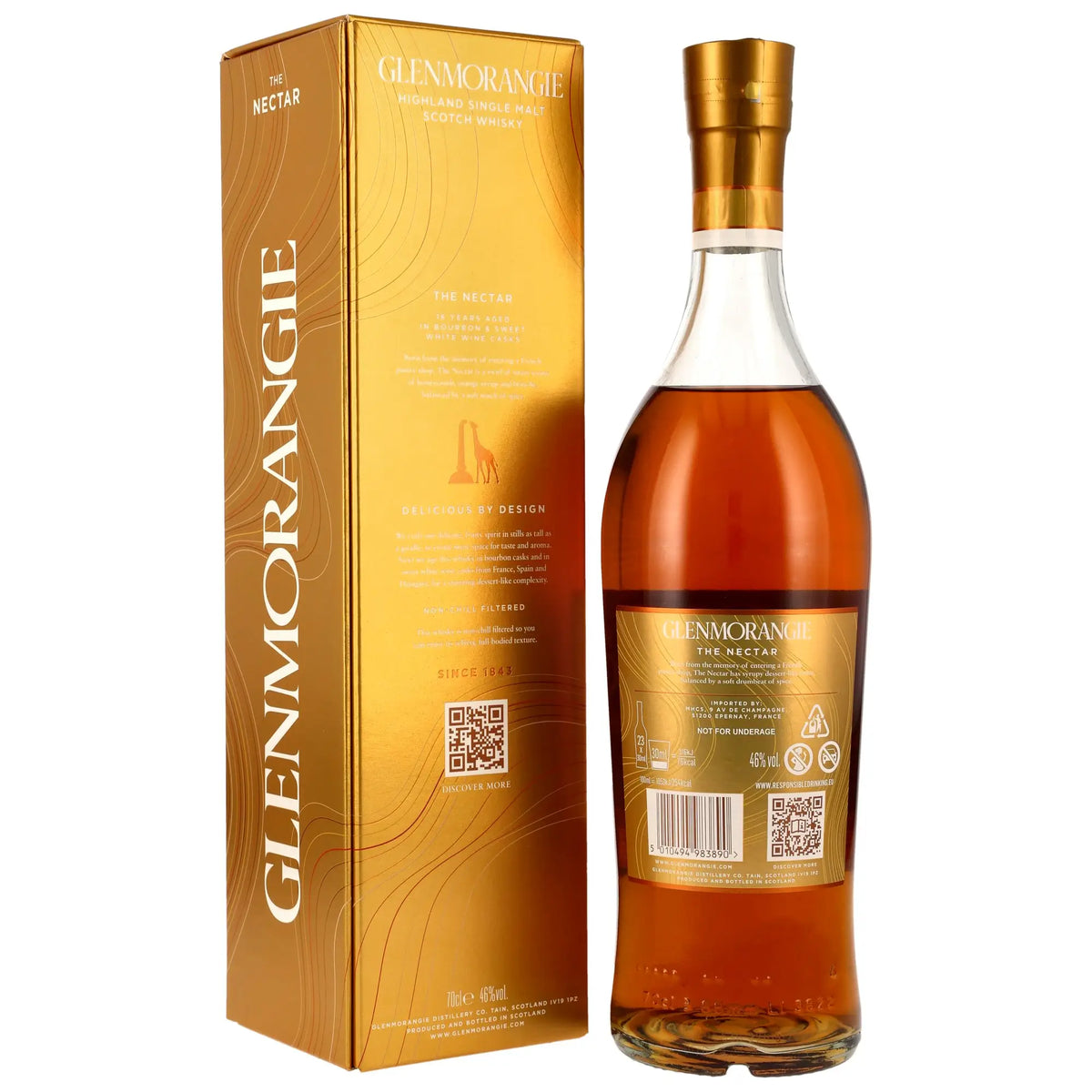 Rückseite der Whiskyflasche und Verpackung von Glenmorangie The Nectar 16 Jahre Single Malt Whisky
