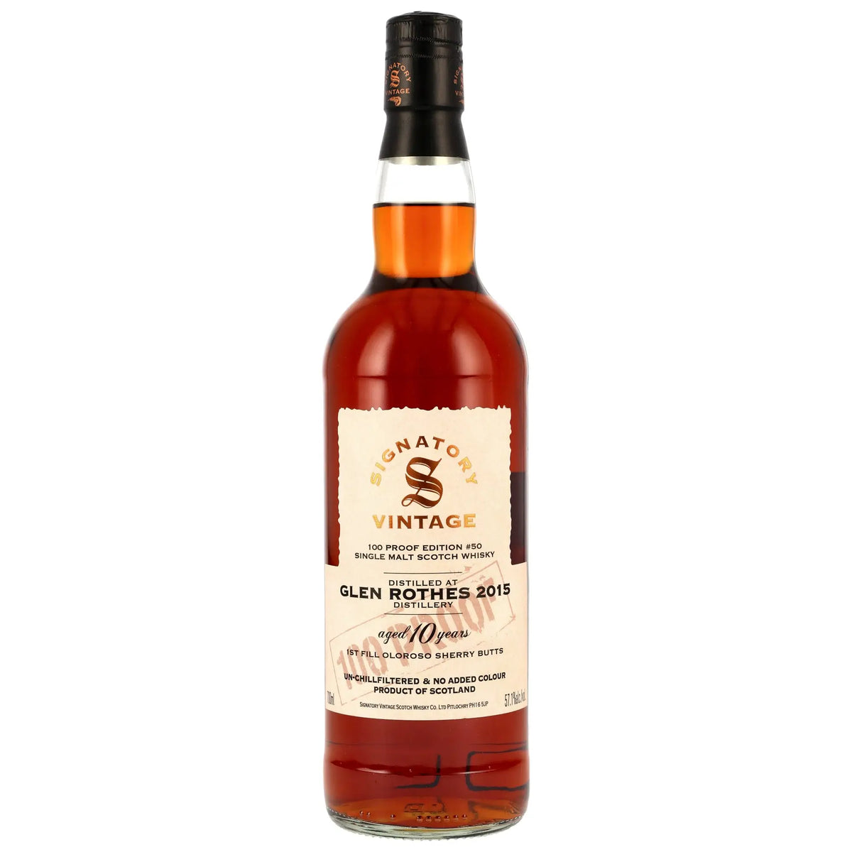 Vorderseite der Single Malt Whiskyflasche Glenrothes 100 Proof Edition #50 10 Jahre 2015/2025