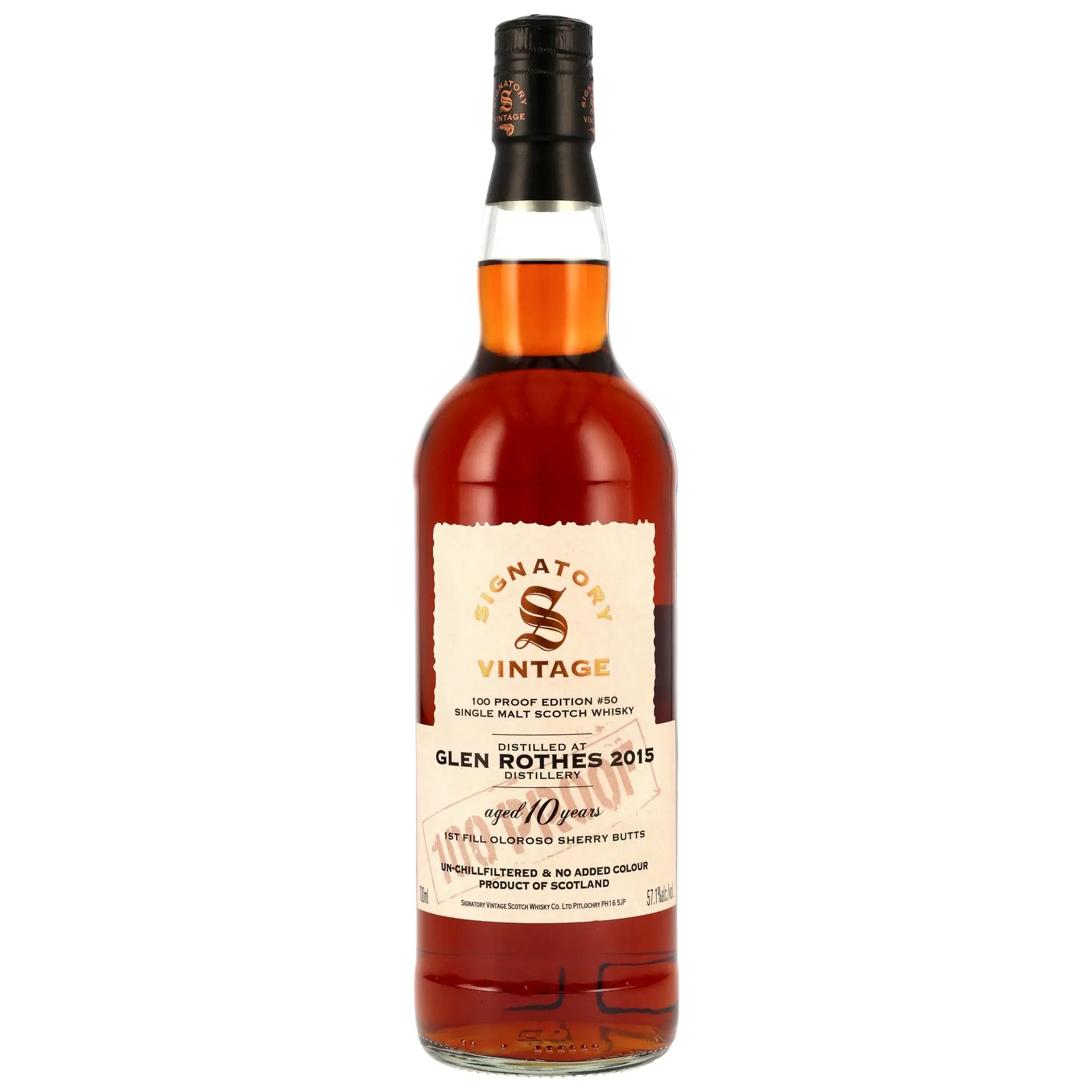 Vorderseite der Single Malt Whiskyflasche Glenrothes 100 Proof Edition #50 10 Jahre 2015/2025