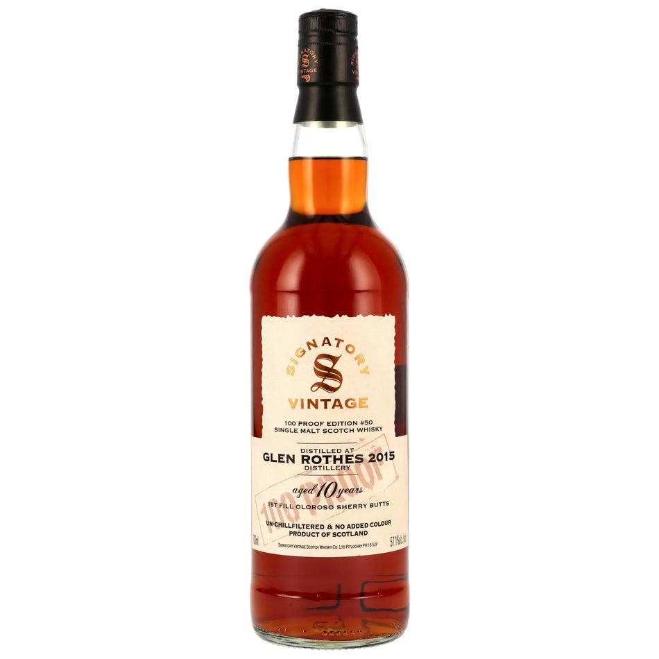Vorderseite der Single Malt Whiskyflasche Glenrothes 100 Proof Edition #50 10 Jahre 2015/2025