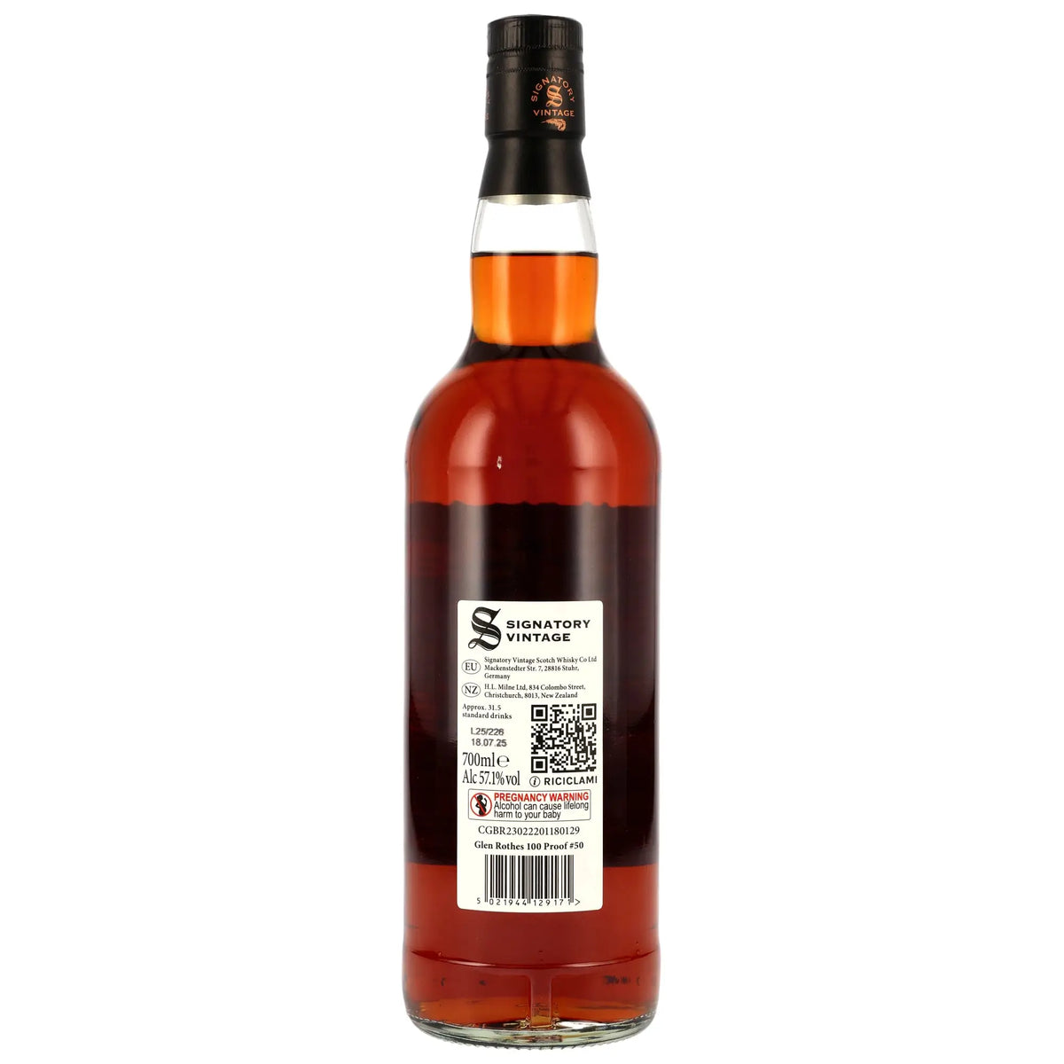 Rückseite der Single Malt Whiskyflasche Glenrothes 100 Proof Edition #50 10 Jahre 2015/2025