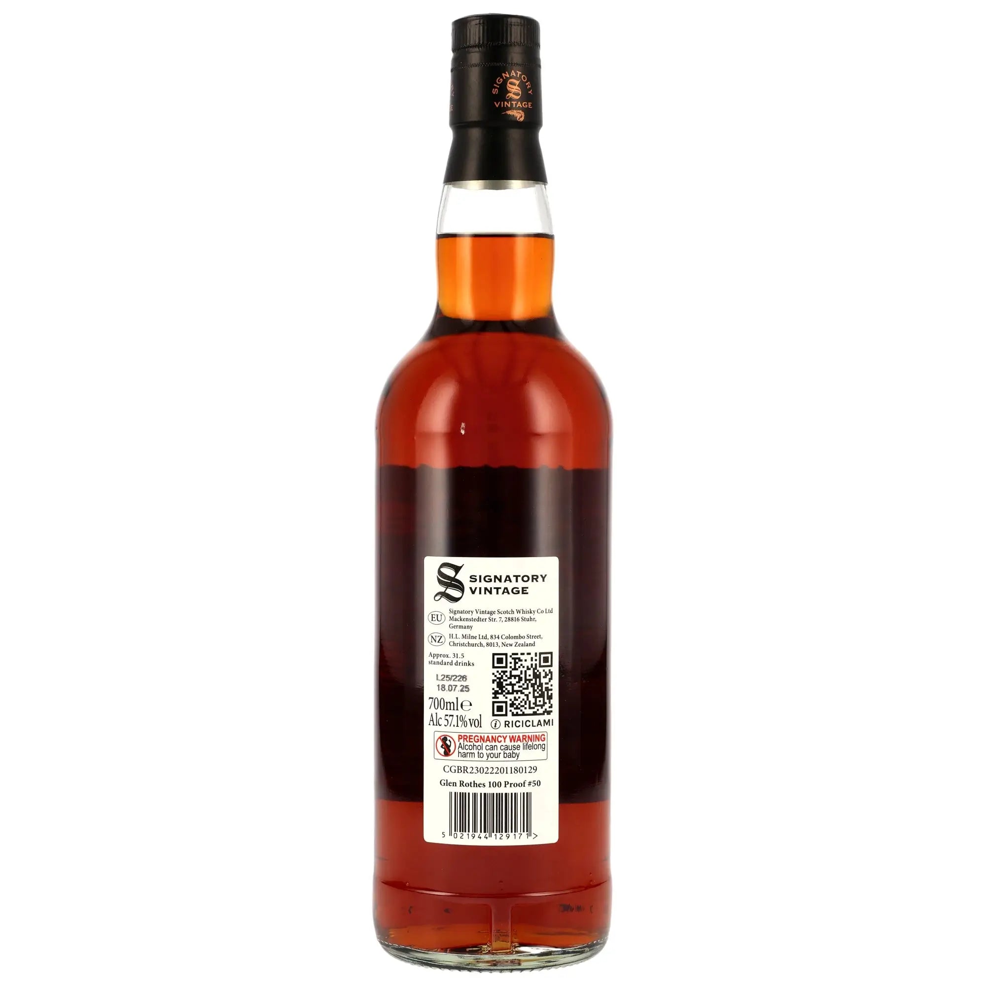 Rückseite der Single Malt Whiskyflasche Glenrothes 100 Proof Edition #50 10 Jahre 2015/2025