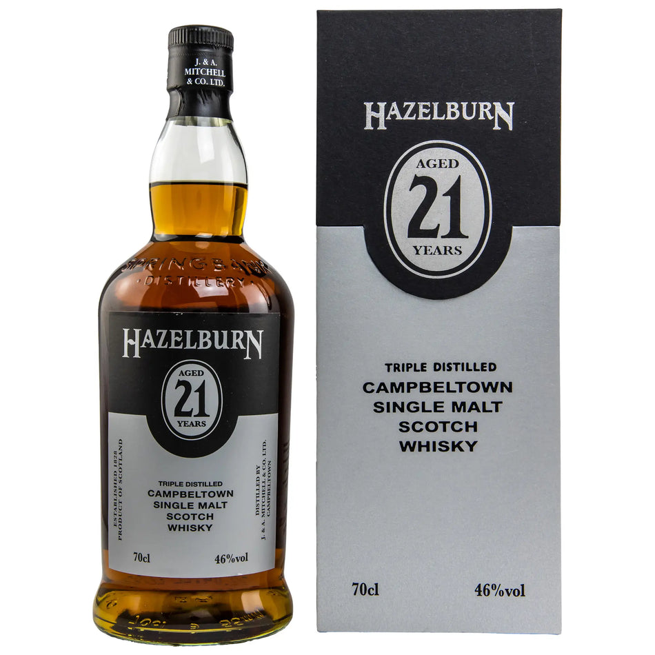 Vorderseite der Whiskyflasche und Verpackung von Hazelburn 21 Jahre