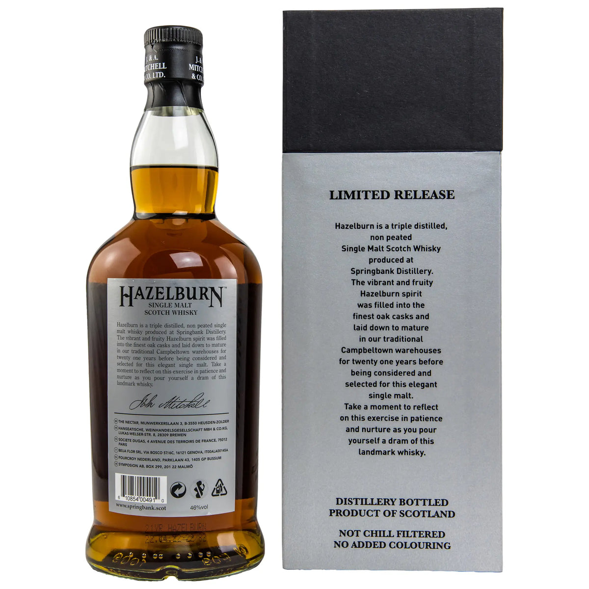 Rückseite der Whiskyflasche und Verpackung von Hazelburn 21 Jahre