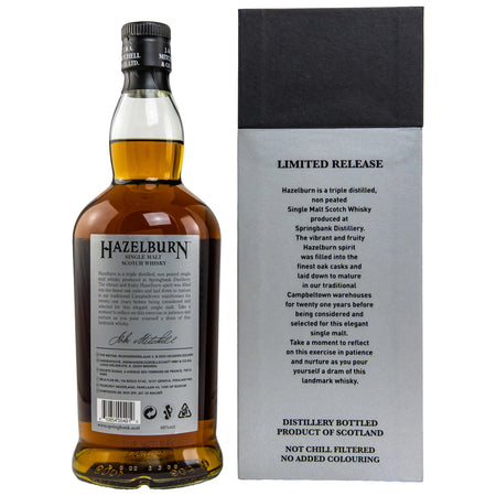 Rückseite der Whiskyflasche und Verpackung von Hazelburn 21 Jahre