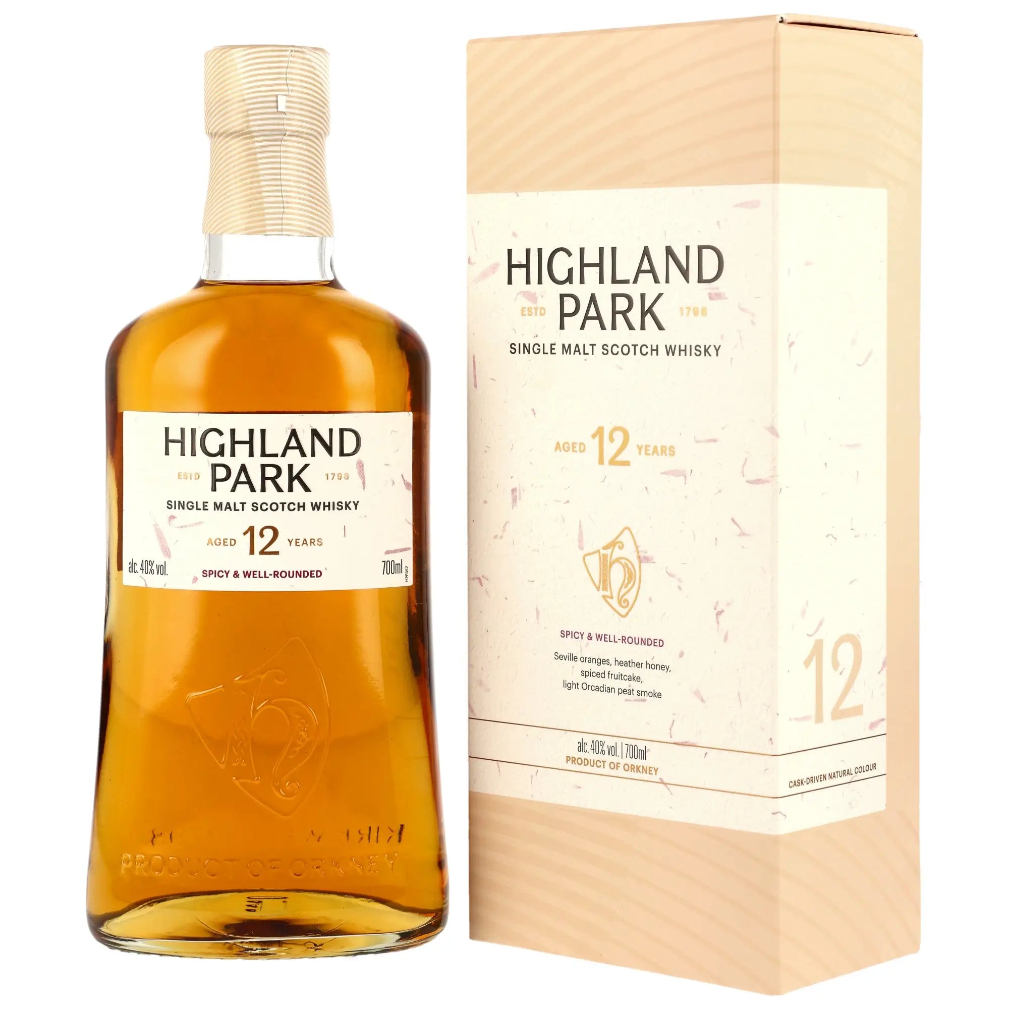 Vorderseite der Whiskyflasche und Verpackung vom Highland Park 12 Jahre Single Malt Whisky