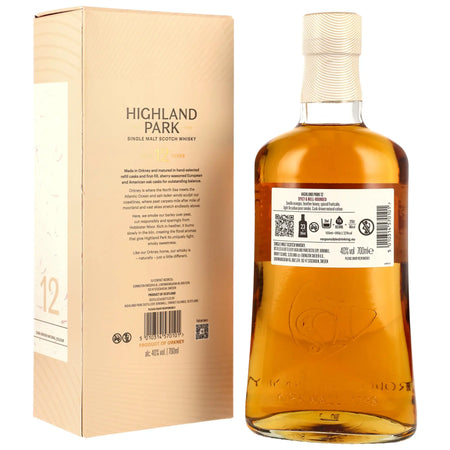 Rückseite der Whiskyflasche und Verpackung vom Highland Park 12 Jahre Single Malt Whisky